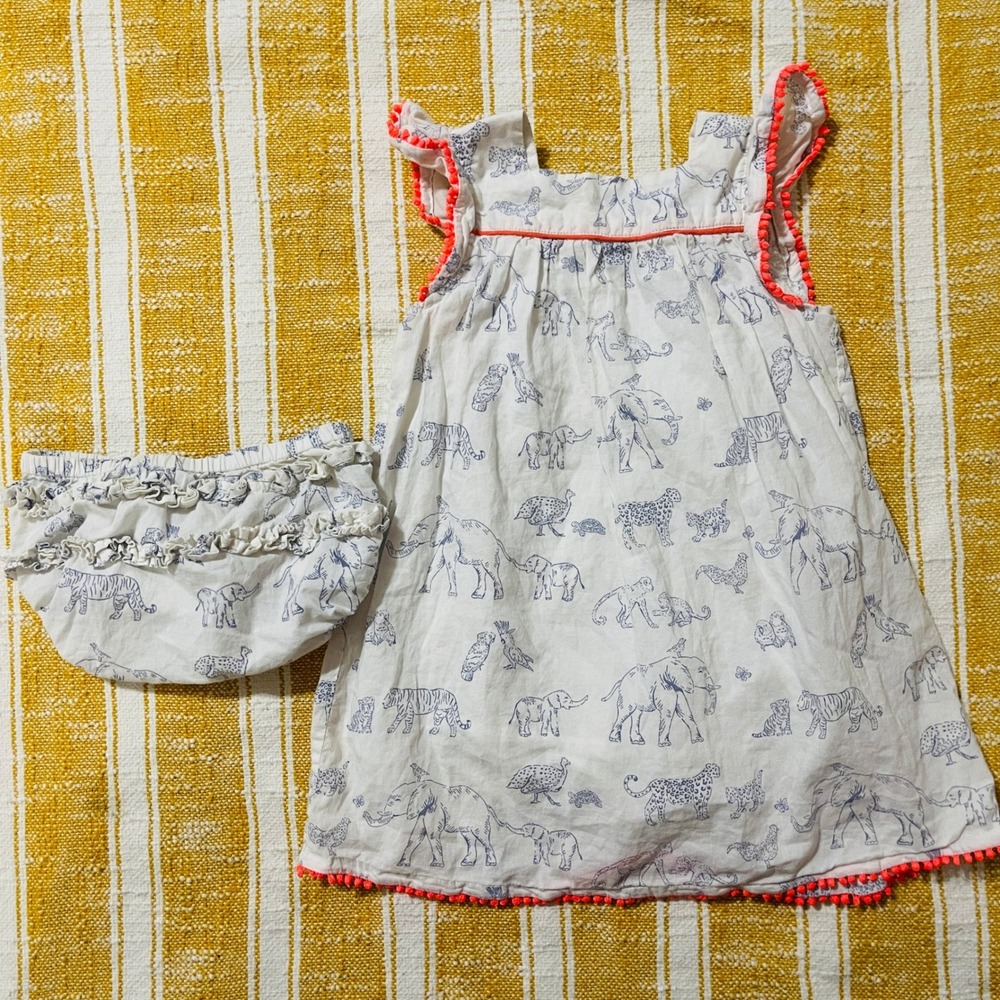 Baby Boden White Blue Animal Print Dress and Bloomer Set 6-12 Months